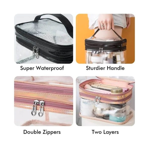 Transparent Waterproof Makeup Travel Bag Cosmetic Double Layer Pink - Image 3