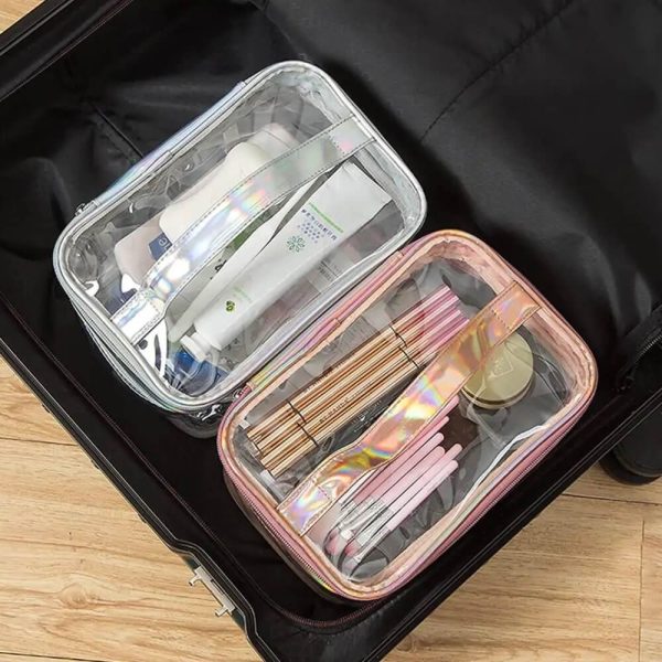 Transparent Waterproof Makeup Travel Bag Cosmetic Double Layer Pink - Image 7