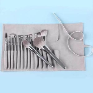 14 Gray Makeup Brushes Complete Set In A Large Leather Portable Makeup Case